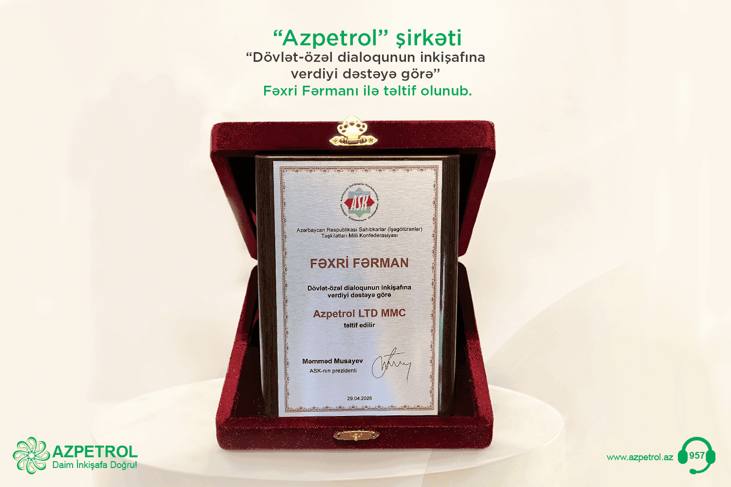 “Azpetrol” şirkəti "Dövlət-özəl dialoqunun inkişafına verdiyi dəstəyə görə" Fəxri Fərmanı ilə təltif olunub.