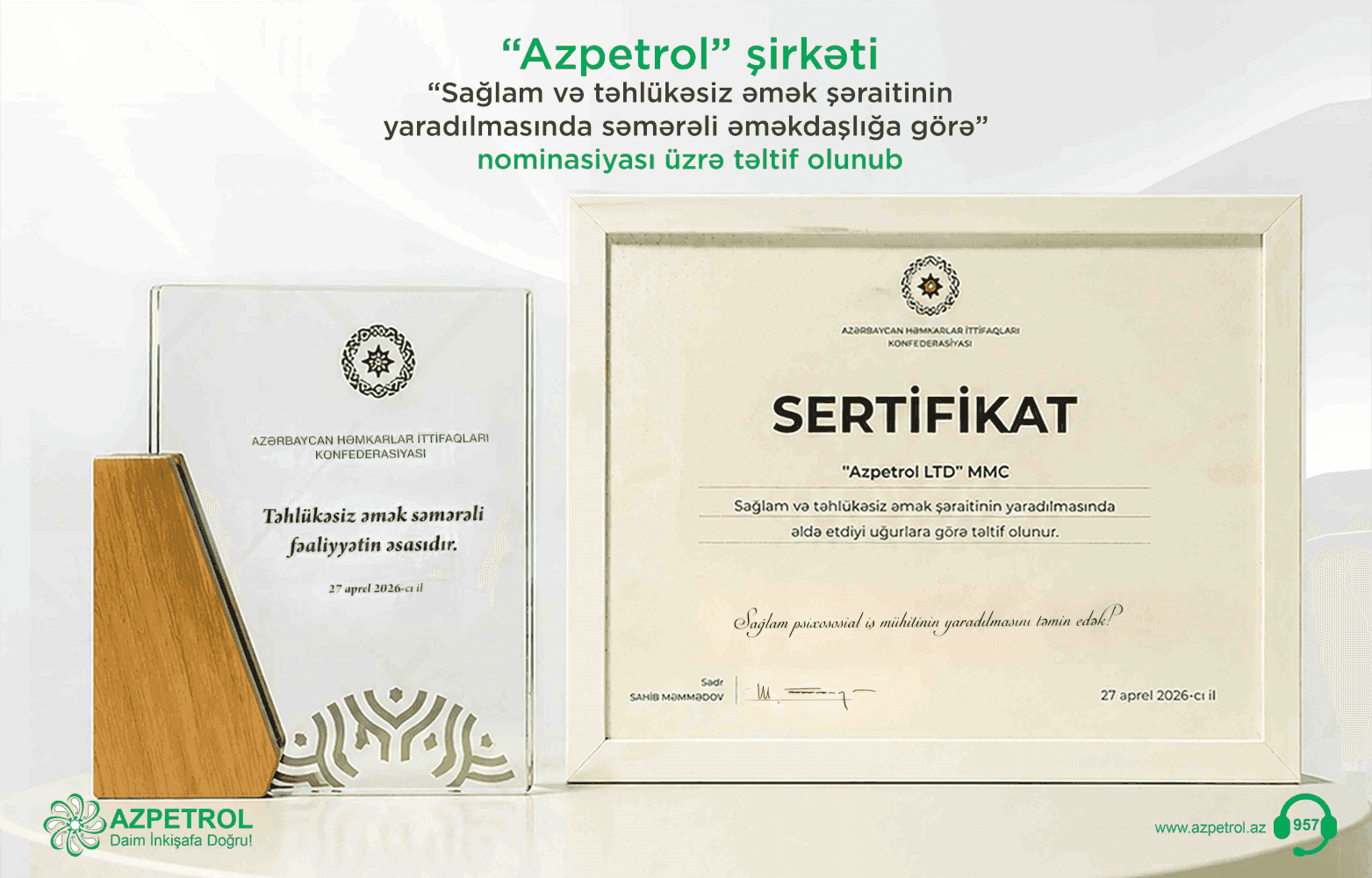 “Azpetrol” şirkəti “Sağlam və təhlükəsiz əmək şəraitinin yaradılmasında səmərəli əməkdaşlığa görə” nominasiyası üzrə təltif olunub.